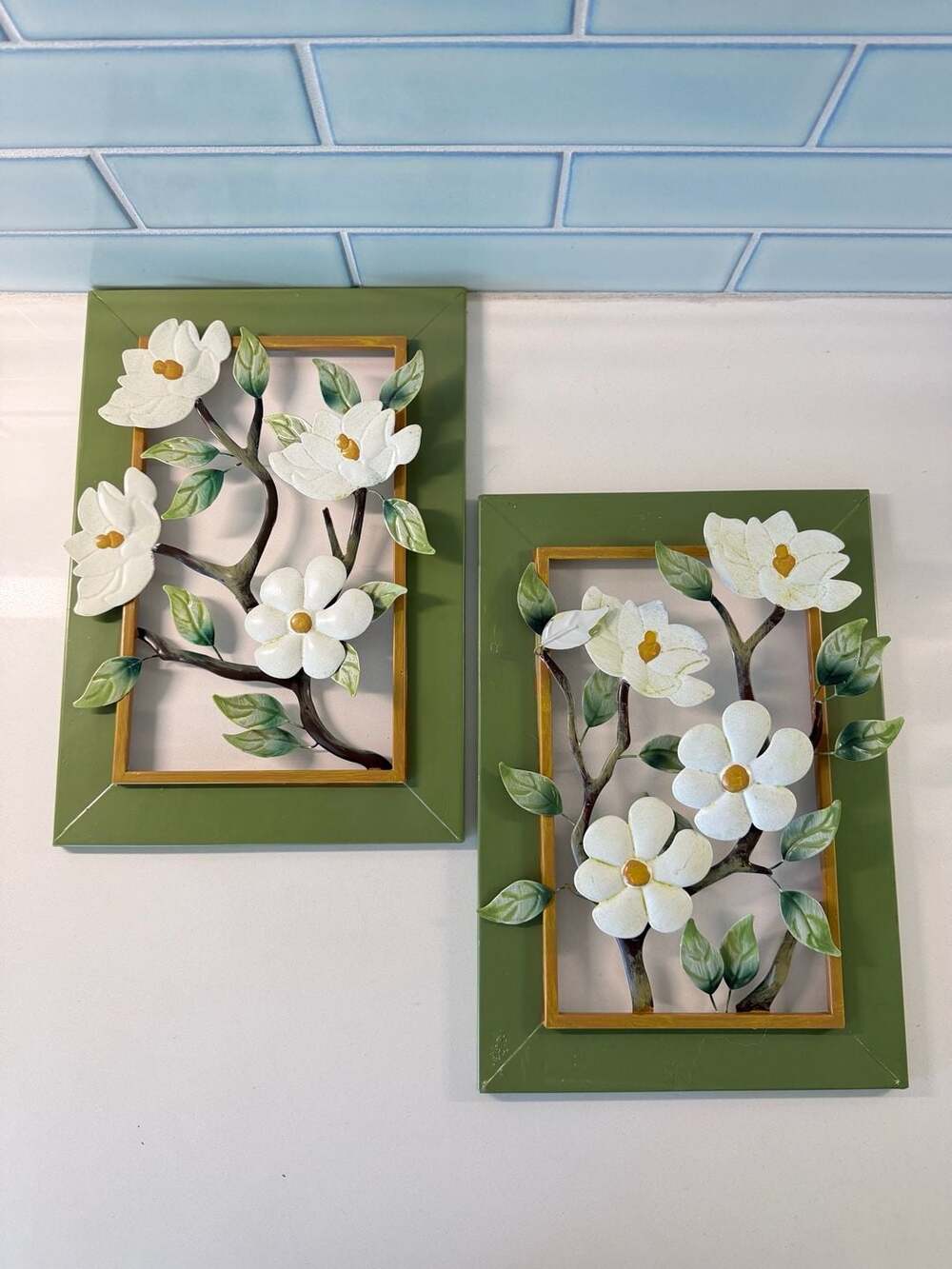 3D Magnolia Blossoms Metal Wall Art Set of 2 Floral Framed Decor